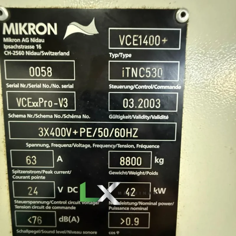 CENTRO DE USINAGEM MIKRON VCE1400 - 1400 X 650 X 675MM - ANO 2003 (1)